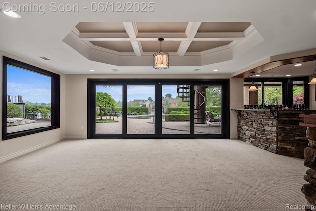 10993 Stoney Point Dr, South Lyon, MI 48178 - unfurnished living room with carpet flooring, coffered ceiling, crown molding, baseboards, and recessed lighting