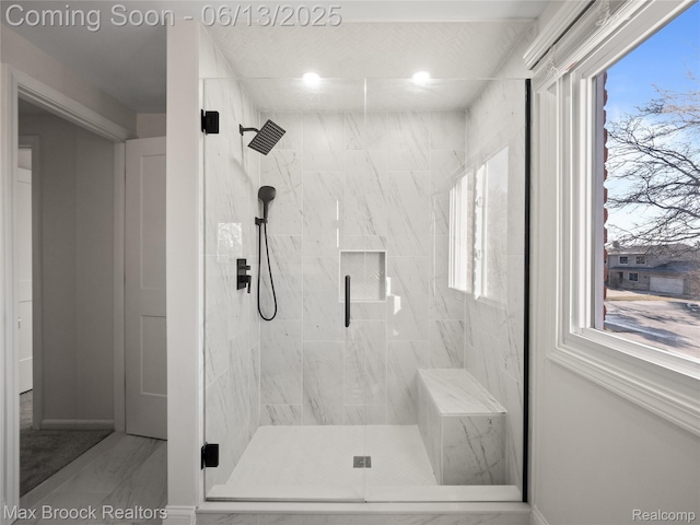 6150 Anne Dr, West Bloomfield, MI 48322 - full bathroom with marble look tiles, a marble finish shower, and recessed lighting