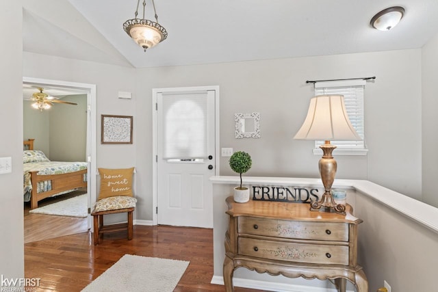 1273 Crystal Pointe Cir, Fenton, MI 48430 - entryway featuring wood finished floors, ceiling fan, and lofted ceiling