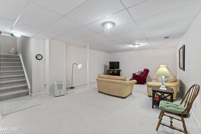 1273 Crystal Pointe Cir, Fenton, MI 48430 - living room featuring stairway, a paneled ceiling, and carpet flooring