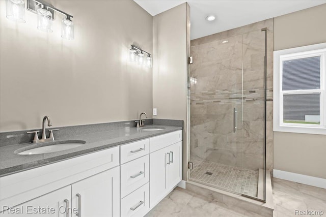 2763 Clivedon Rd, Howell, MI 48843 - full bath with a shower stall, marble finish floors, double vanity, baseboards, and recessed lighting