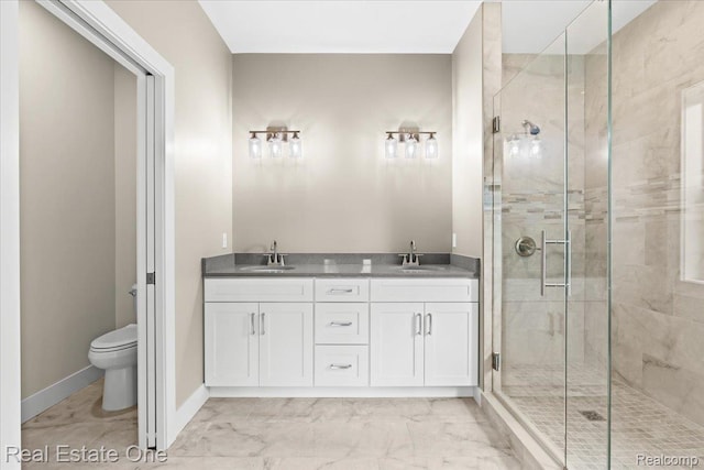 2763 Clivedon Rd, Howell, MI 48843 - full bath featuring a shower stall, marble finish floors, toilet, double vanity, and baseboards