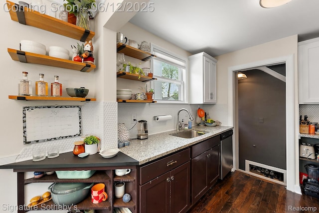 929 Columbia Rd, Berkley, MI 48072 - kitchen featuring open shelves, a sink, stainless steel dishwasher, backsplash, and light stone countertops