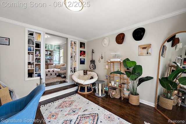 929 Columbia Rd, Berkley, MI 48072 - living room featuring crown molding, wood finished floors, baseboards, and built in shelves