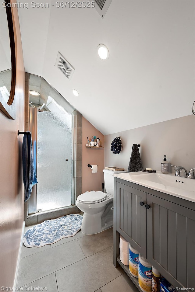 929 Columbia Rd, Berkley, MI 48072 - full bath with toilet, a shower stall, vanity, tile patterned flooring, and lofted ceiling