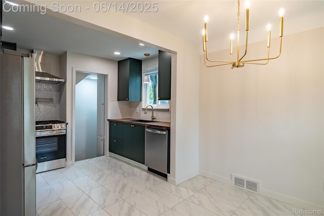 17330 Five Points St E, Dearborn, MI 48240 - kitchen with appliances with stainless steel finishes, wall chimney exhaust hood, a chandelier, backsplash, and recessed lighting