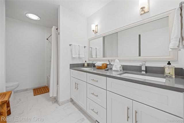 3856 Pine Lake Knoll Dr, West Bloomfield, MI 48324 - bathroom featuring marble finish floors, double vanity, toilet, baseboards, and shower / bath combination