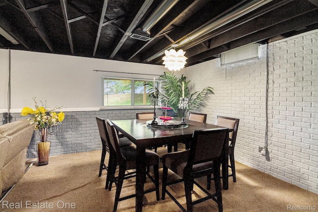 1130 Andover Cir, Commerce Twp, MI 48390 - dining room featuring brick wall, carpet, and a wainscoted wall