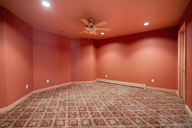 5148 Crest Knls, Bloomfield Hills, MI 48302 - empty room with a baseboard heating unit, ceiling fan, recessed lighting, carpet floors, and baseboards
