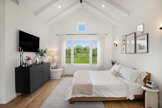 2958 S Edgar Rd, Mason, MI 48854 - bedroom featuring high vaulted ceiling, light wood-style floors, and wooden ceiling with exposed beams