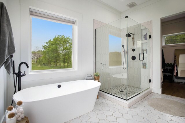 2958 S Edgar Rd, Mason, MI 48854 - full bath featuring a soaking tub, a shower stall, and tile patterned flooring