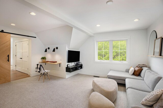 2958 S Edgar Rd, Mason, MI 48854 - carpeted living room featuring a barn door, recessed lighting, baseboards, and lofted ceiling