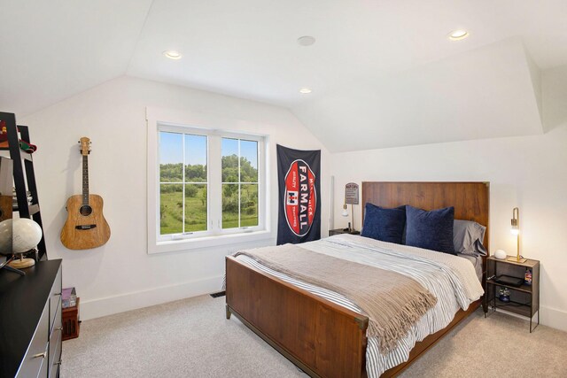 2958 S Edgar Rd, Mason, MI 48854 - bedroom featuring lofted ceiling, light carpet, baseboards, and recessed lighting