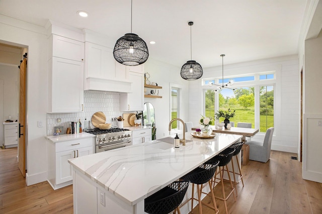 2958 S Edgar Rd, Mason, MI 48854 - kitchen with high end stove, light wood-type flooring, open shelves, tasteful backsplash, and white cabinets
