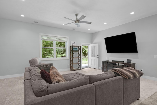 1304 Michillinda Rd, Muskegon, MI 49445 - living area with light colored carpet, recessed lighting, baseboards, and a ceiling fan
