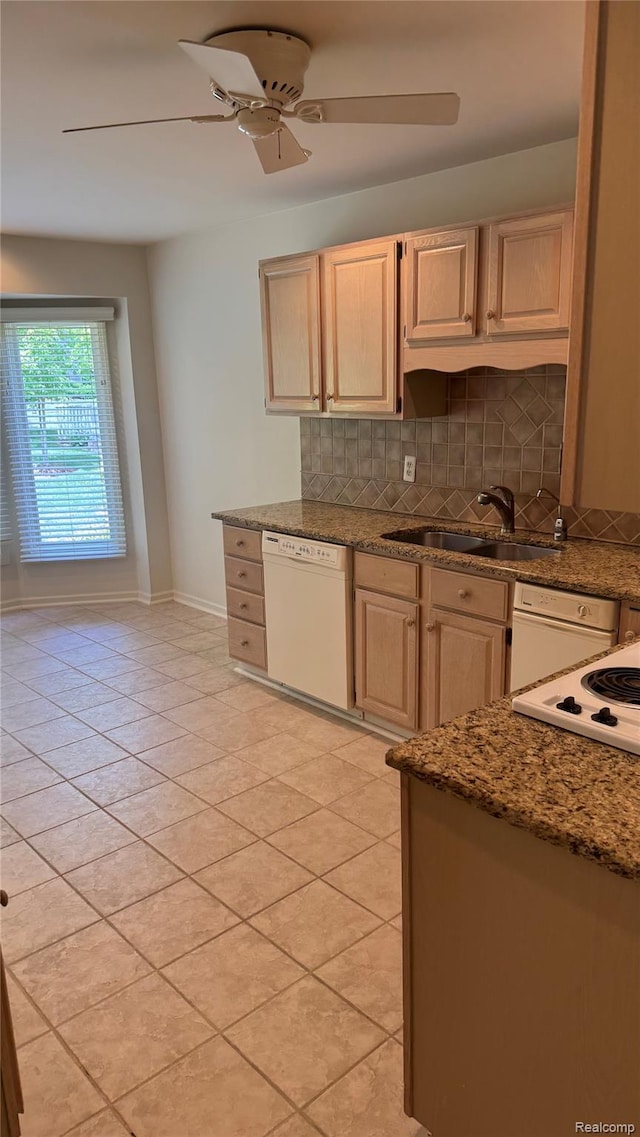 413 Covington Ct Unit 81, Northville, MI 48168 - kitchen with white dishwasher, tasteful backsplash, light brown cabinetry, and a ceiling fan