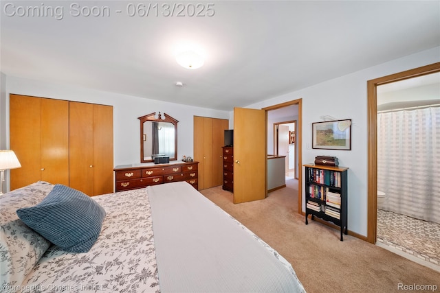 713 Claremont St, Dearborn, MI 48124 - bedroom featuring multiple closets, light colored carpet, and ensuite bath