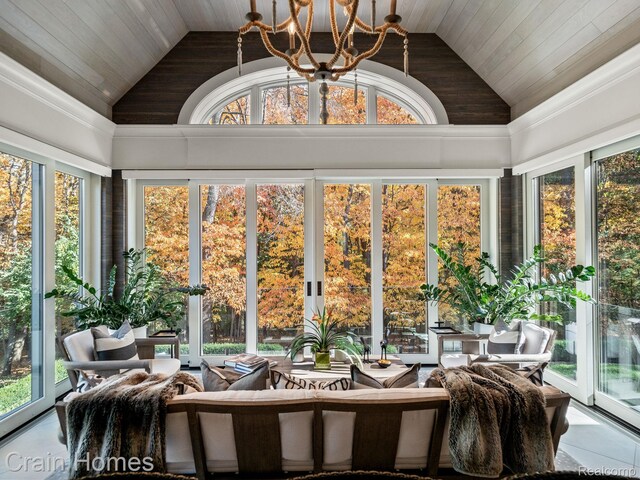20 Hidden Rdg, Bloomfield Hills, MI 48304 - sunroom / solarium with wooden ceiling, plenty of natural light, high vaulted ceiling, and a chandelier