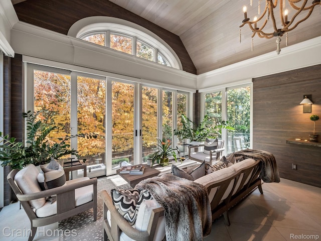 20 Hidden Rdg, Bloomfield Hills, MI 48304 - sunroom featuring lofted ceiling, wood ceiling, a chandelier, tile patterned floors, and wood walls