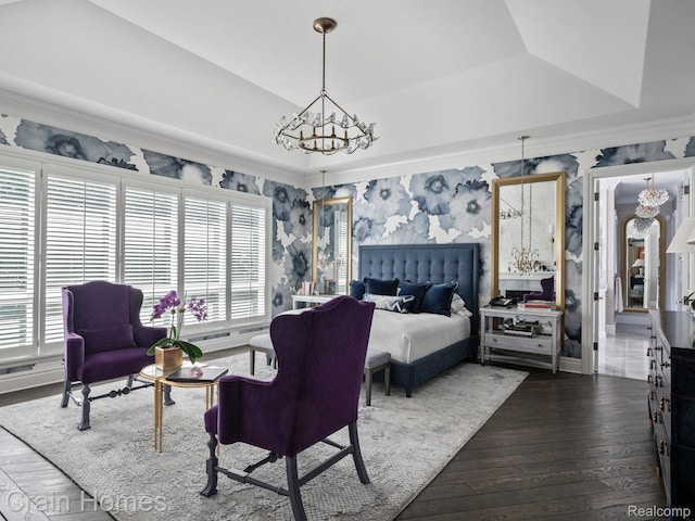 20 Hidden Rdg, Bloomfield Hills, MI 48304 - bedroom featuring dark wood-style flooring, wallpapered walls, a chandelier, and a tray ceiling
