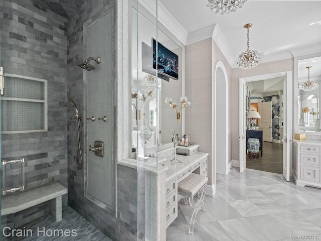 20 Hidden Rdg, Bloomfield Hills, MI 48304 - full bath with ornamental molding, vanity, a tile shower, and a chandelier