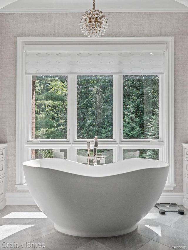 20 Hidden Rdg, Bloomfield Hills, MI 48304 - bathroom with vanity, wallpapered walls, a freestanding tub, and baseboards
