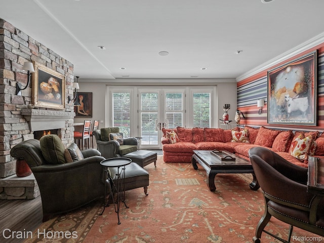 20 Hidden Rdg, Bloomfield Hills, MI 48304 - living area featuring crown molding and a stone fireplace