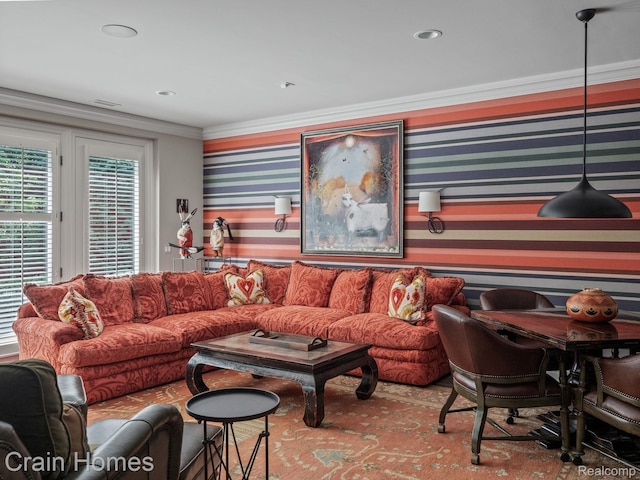 20 Hidden Rdg, Bloomfield Hills, MI 48304 - living room featuring wallpapered walls, crown molding, and recessed lighting