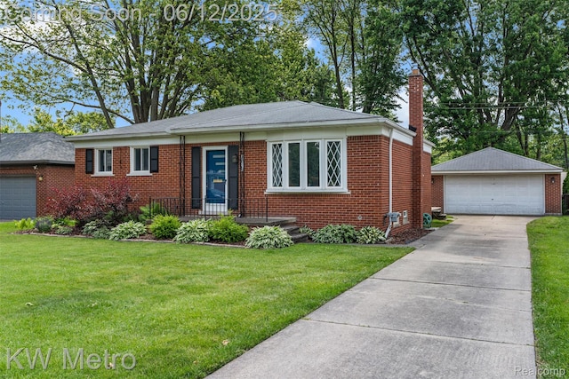 20320 Martin Rd, Saint Clair Shores, MI 48081 - view of front facade with a garage, a chimney, an outbuilding, brick siding, and a front lawn