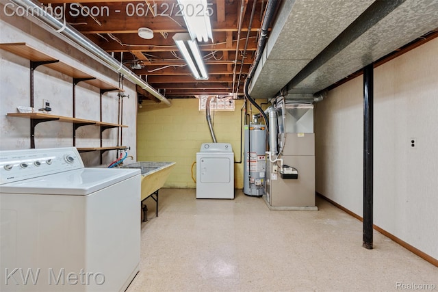 20320 Martin Rd, Saint Clair Shores, MI 48081 - unfinished below grade area with water heater, washer and clothes dryer, and heating unit