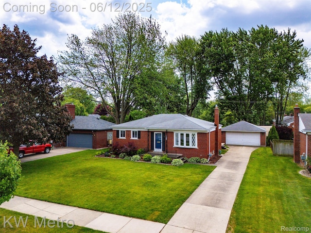 20320 Martin Rd, Saint Clair Shores, MI 48081 - ranch-style house with a detached garage, a front yard, a chimney, and brick siding