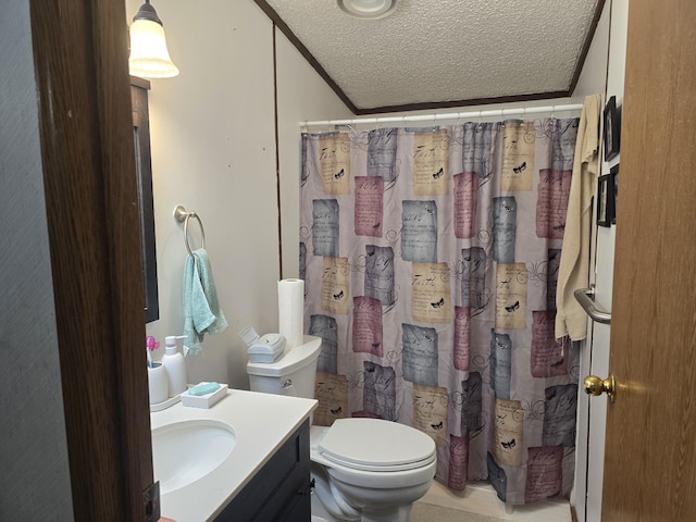 2317 Shamrock Ln, Muskegon, MI 49442 - bathroom with a textured ceiling, toilet, vanity, and a shower with curtain