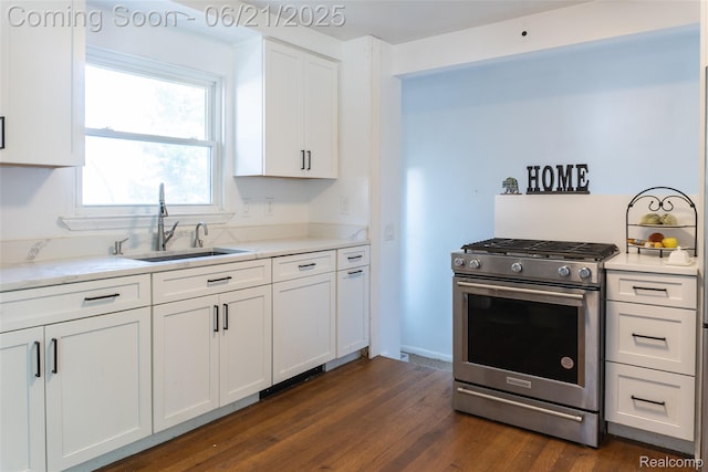 2856 Central St, Berkley, MI 48072 - kitchen featuring stainless steel stove, white cabinetry, light countertops, and dark wood-style flooring