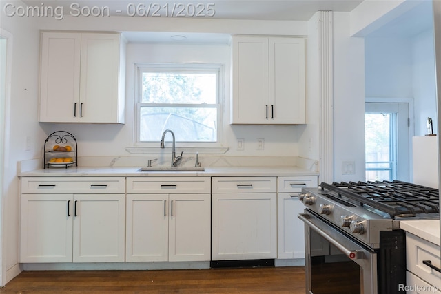 2856 Central St, Berkley, MI 48072 - kitchen featuring high end stainless steel range, white cabinets, healthy amount of natural light, and light countertops