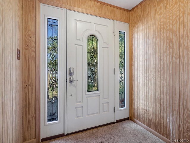 28212 Shock St, Saint Clair Shores, MI 48081 - carpeted foyer entrance with wooden walls and crown molding