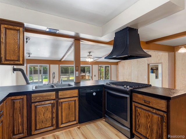 28212 Shock St, Saint Clair Shores, MI 48081 - kitchen with dishwasher, gas range, range hood, dark countertops, and light wood finished floors