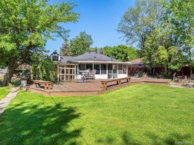 28212 Shock St, Saint Clair Shores, MI 48081 - rear view of property featuring a sunroom, a wooden deck, and a yard