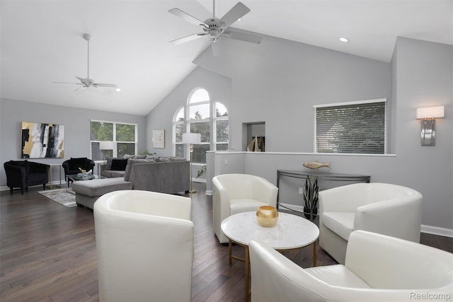 6532 Turtle Walk, Clarkston, MI 48346 - living area with a ceiling fan, high vaulted ceiling, dark wood-style floors, baseboards, and recessed lighting