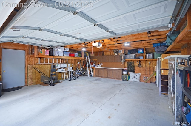 43475 Deborah Dr, Sterling Heights, MI 48313 - garage with a garage door opener, a workshop area, and wooden walls