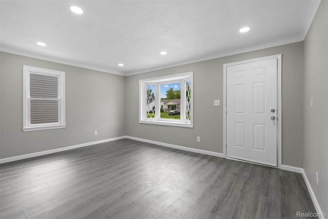26908 Kitch St, Inkster, MI 48141 - foyer featuring baseboards, dark wood-type flooring, and recessed lighting