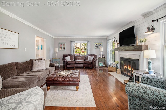 9875 Island Dr, Grosse Ile, MI 48138 - living area with wood finished floors, a high end fireplace, and crown molding