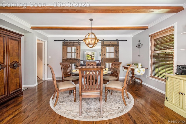 9875 Island Dr, Grosse Ile, MI 48138 - dining area with a barn door, dark wood-style floors, baseboards, beam ceiling, and crown molding