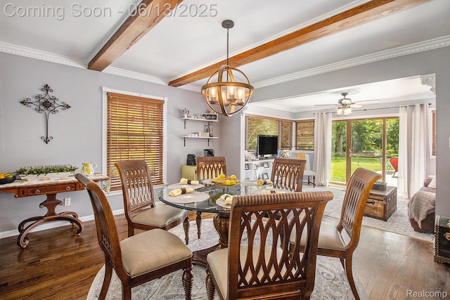 9875 Island Dr, Grosse Ile, MI 48138 - dining room featuring wood finished floors, beam ceiling, crown molding, a ceiling fan, and a chandelier
