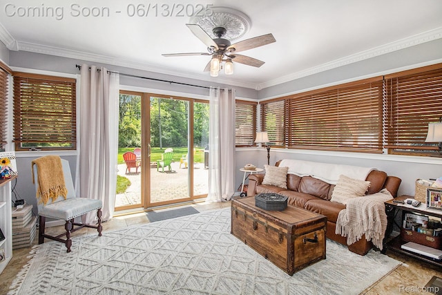 9875 Island Dr, Grosse Ile, MI 48138 - living area featuring ornamental molding and a ceiling fan