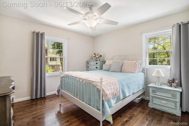 9875 Island Dr, Grosse Ile, MI 48138 - bedroom with dark wood-style floors, baseboards, and ceiling fan