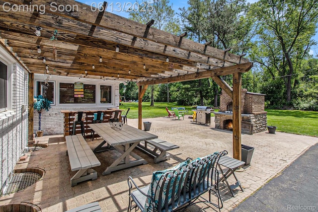 9875 Island Dr, Grosse Ile, MI 48138 - view of patio / terrace with a grill, an outdoor brick fireplace, and a pergola