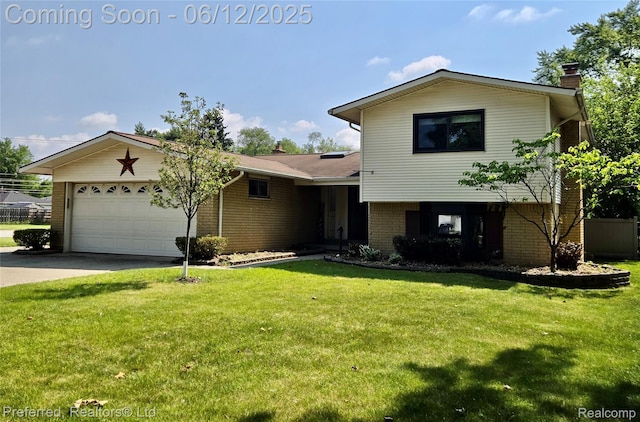 9498 Bassett St, Livonia, MI 48150 - split level home with brick siding, a chimney, a garage, asphalt driveway, and a front lawn
