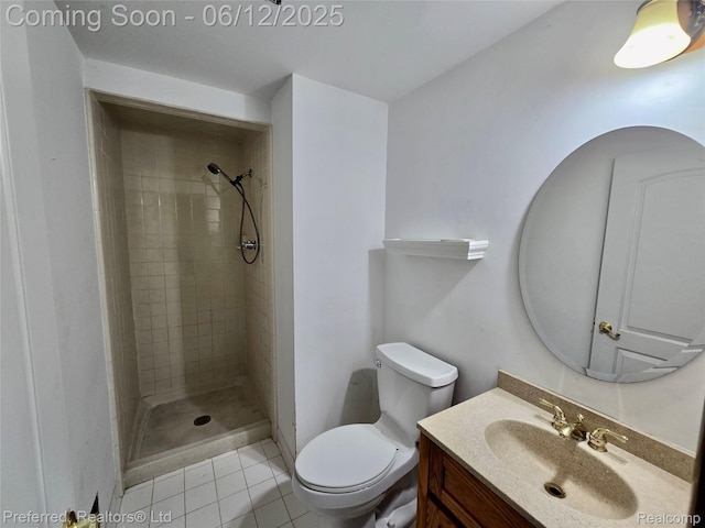 9498 Bassett St, Livonia, MI 48150 - bathroom with toilet, tiled shower, vanity, and tile patterned floors