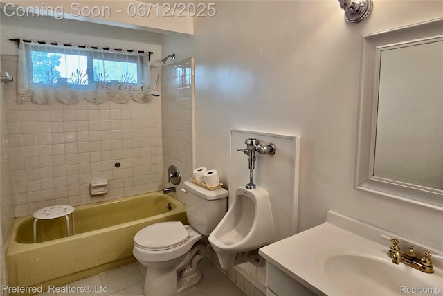9498 Bassett St, Livonia, MI 48150 - bathroom featuring bathtub / shower combination, tile patterned flooring, vanity, and toilet