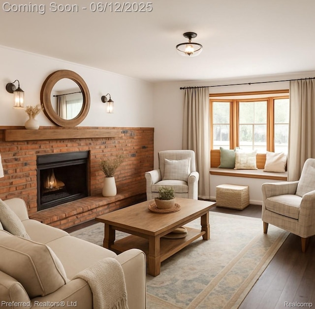 9498 Bassett St, Livonia, MI 48150 - living room with wood finished floors and a brick fireplace
